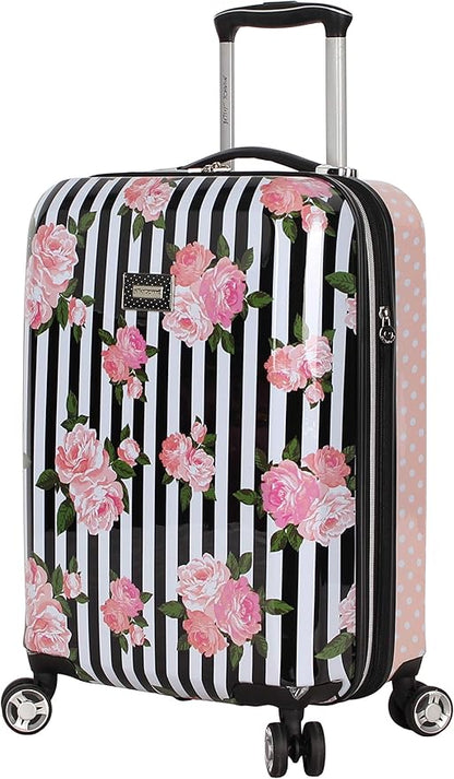 Betsey Johnson Designer 20 Inch Carry On - Expandable (ABS + PC) Hardside Luggage - Lightweight Durable Suitcase With 8-Rolling Spinner Wheels for Women (Stripe Roses)