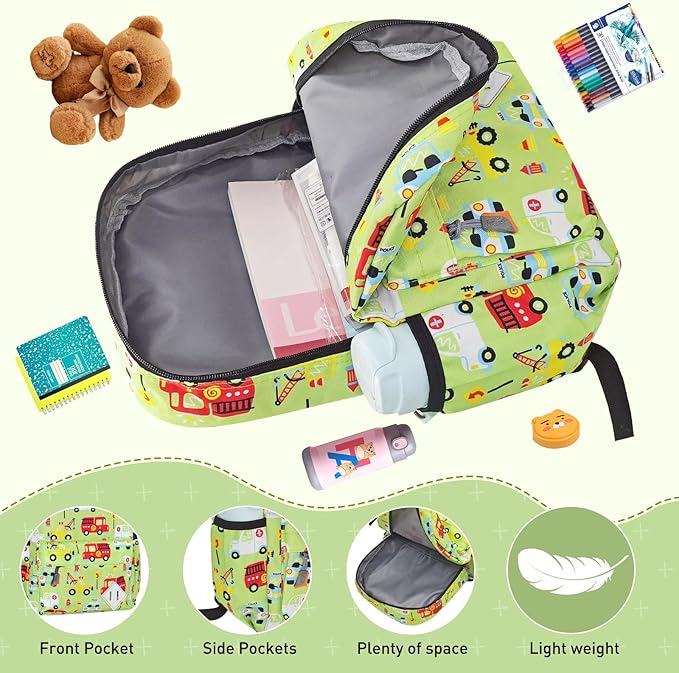 Little Kids Backpack for Girls Boys - 15 Inch Preschool Kindergarten Backpack Cute Car Patterns School Bag for Aged 3-8, Green