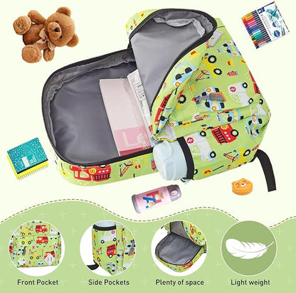 Little Kids Backpack for Girls Boys - 15 Inch Preschool Kindergarten Backpack Cute Car Patterns School Bag for Aged 3-8, Green
