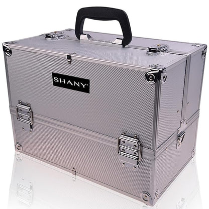 SHANY Essential Pro Makeup Train Case Cosmetic Box Portable Makeup Case Cosmetics Beauty Organizer Jewelry storage with Locks, Multi Compartments Makeup Box and Shoulder Strap - Silver