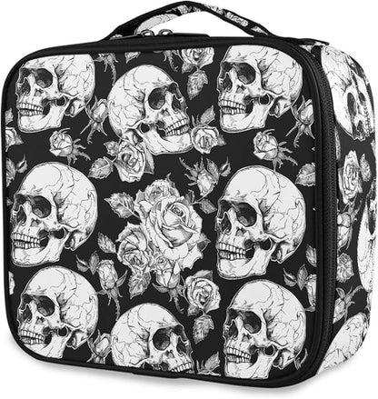 MNSRUU Travel Makeup Bag, Gothic Skulls and Flowers Women Makeup Case Organizer Cosmetic Toiletry Bag for Teenage Girl with Adjustable Dividers