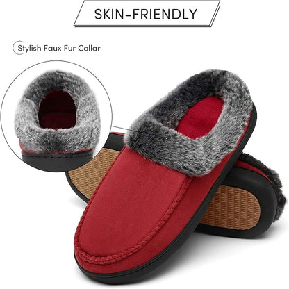 Mishansha Women's House Shoes Memory Foam Suede Moccasin Slippers Winter Warm Fleece Lined Home Shoes with Anti-Skid Rubber Sole