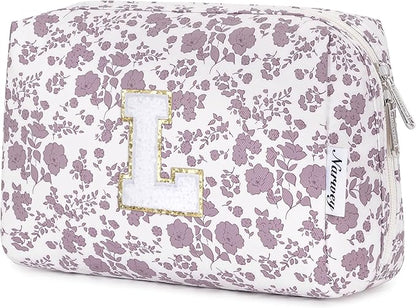 Narwey Birthday Gifts for Teen Girls Kids Women Personalized Initial Floral Makeup Bag Cute Cosmetic Trendy Stuff 6 8 10 11 12 13 14 16 18 Years Old Travel Toiletry Bag (Little Dusty Pink Flower L)