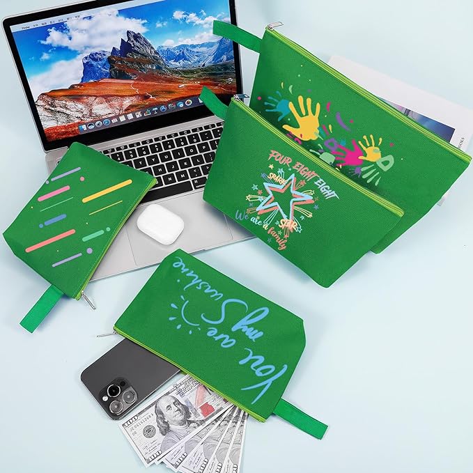 10 Pieces Cotton Canvas Makeup Bag with Bottom and Strap, Multi-Purpose Cosmetic Bag with Zipper Travel Toiletry Pouch, Blank DIY Craft Bag (Green, M)