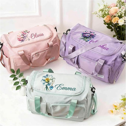 Personalized Gym Bag Waterproof Custom Name Gemstone Birth Flower Duffle Bag Travel Weekender Overnight Bags With Shoulder Strap Birthday Christmas Gifts For Women Cheerleaders