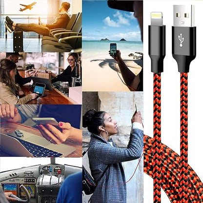 cugunu iPhone Charger, 5 Pack 3/3/6/6/10FT Apple MFi Certified USB Lightning Cable Nylon Braided Fast Charging Cord Compatible for iPhone 14/13/12/11/X/Max/8/7/6/5/SE/Plus/iPad - Black Red