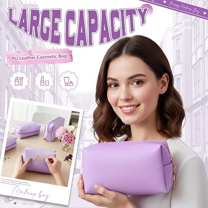 Chunful 24 Pcs Preppy Makeup Bag PU Leather Cosmetic Bag Bulk Makeup Plain Pouch Waterproof Toiletry Purse for Women Traveling Preppy Pencil Case Travel Purse Cosmetic (Light Purple)