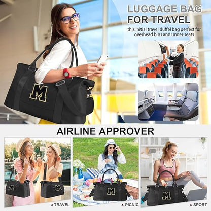 Dance Gym Duffel Bag for Teen Girls, Personalized Initial Travel Weekender Bag,Cute Overnight Carry On Duffle for Women,Sports Travel Cheer Bag,Monogram Christmas Gifts for Tween Preppy(black-M)