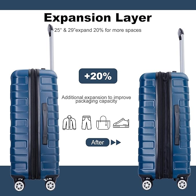 Luggage sets 5 Piece Expandable Hardside Suitcase Set with Spinner Wheels, Lightweight PC Travel Luggage set with TSA Lock（21/25/29, Dark Blue
