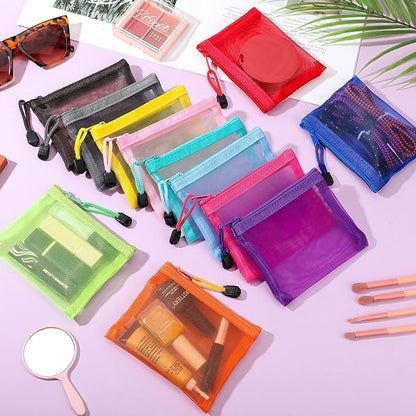 Jexine 24 Pcs Mini Zipper Mesh Bags Lipstick Cosmetic Accessories Organizer Nylon Makeup Zipper Pouch Small Cosmetic Bag for Purse Beauty Mesh Travel Pouch for Women(5 x 4 Inch,Bright Color)