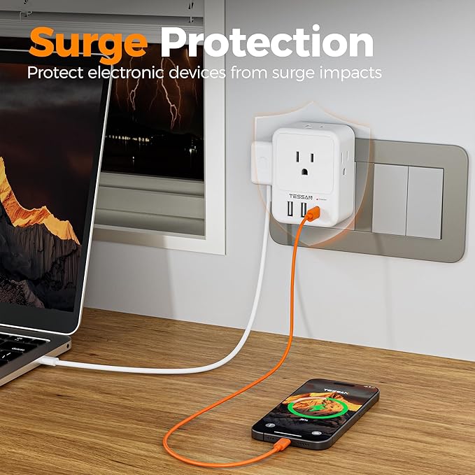 USB Charger Block, TESSAN Outlet Extender Surge Protector with USB C, 4 AC Multi Plug Wall Outlet Splitter 1875W, Electrical Plug Expander for Home Office Dorm Room Essentials, White