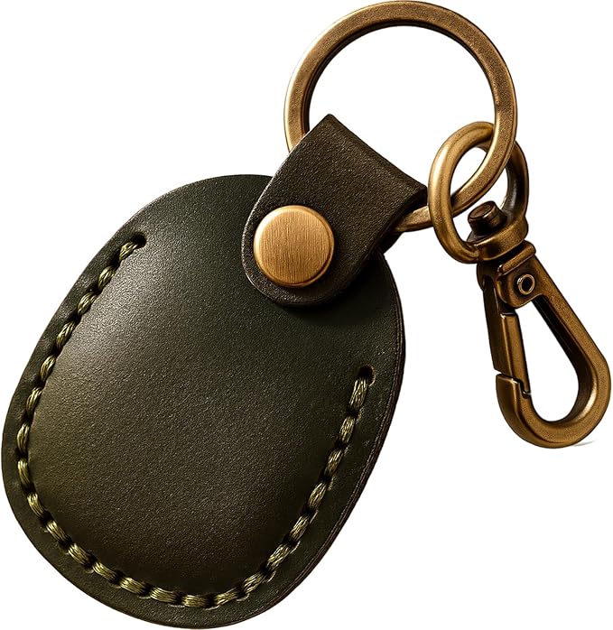 for Airtag Holder, Portable Genuine Leather Airtag Keychain with Key Rings Full Coverage Air Tags Hidden Case Cover Compatible with AirTags Olive Green
