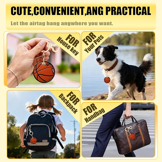 Leather Keychain for Airtag, Cute Protective Keychain Holder Compatible with Apple Air Tag,GPS Item Tracker Case Cover for Keys,Bags,Pets,Luggage(Basketball)