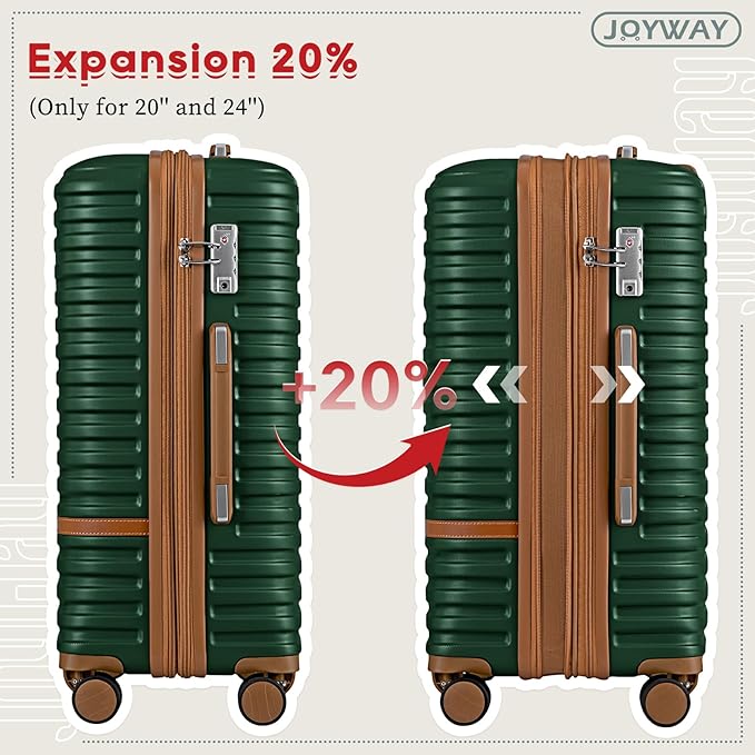 Joyway Expandable Carry on Luggage Sets Airline Approved, Lightweight Hard Shell 20 Inch Carry-on Suitcase with Spinner Wheels, Green Brown