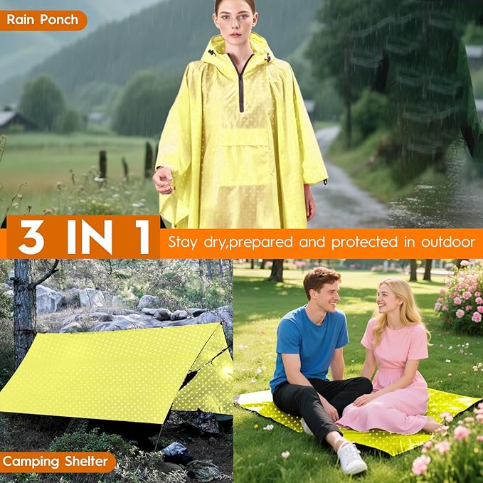 Bruvoalon 3-in-1 Rain Poncho with 1/4 Zip & Chest Pocket, Waterproof, Sunshade, Ground Mat for Adults & Youth Emergency