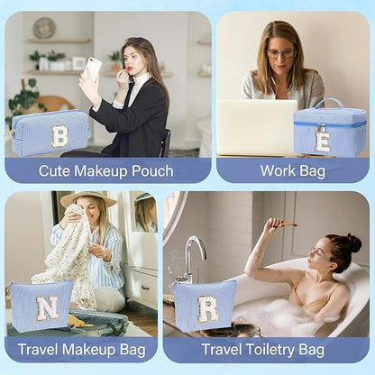 Personalized Monogram Makeup Bag, 3PCS Custom Monogrammed Toiletry Cosmetic Bag for 6-18 Teen Girls Women,Birthday Graduation Gifts Initial Pouch Makeup Bags for Women Girls, Make Up Bag (N, Blue)