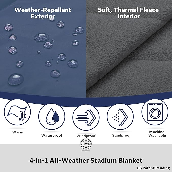 STOVER Large Waterproof Outdoor Stadium Blanket– Extra Thick Soft Fleece Camping Blanket for Travel, Picnics, Sports, Dogs– 79"x55", Warm, Windproof, Sand-Proof, Lightweight, Packable (Glacier Blue)