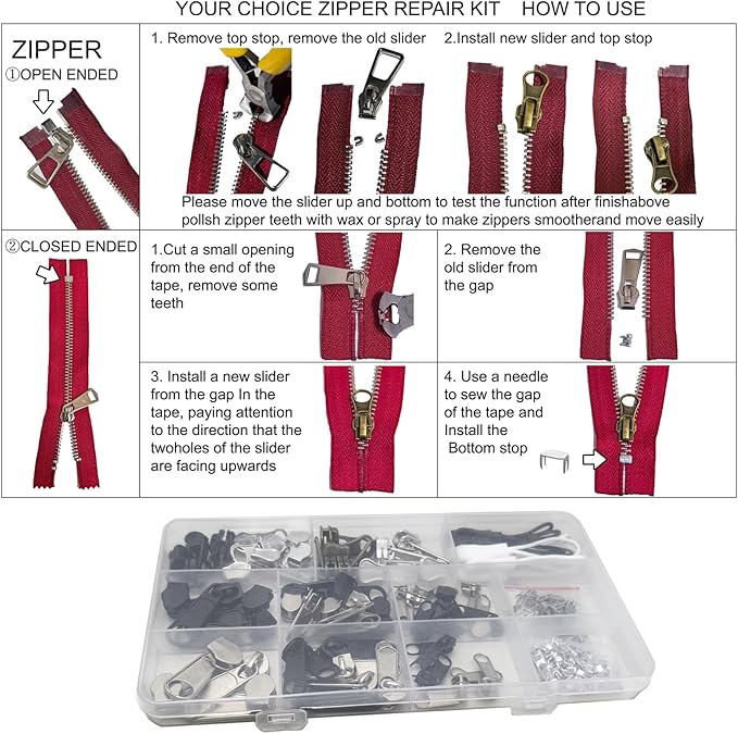 254 Pcs Zipper Repair Kit with Case Include Zipper Replacement and Pull, Universal Zippers Replacement kit for Cloting, Jackets, Coat, Boot, Backpack, Purse and Outdoor Gear