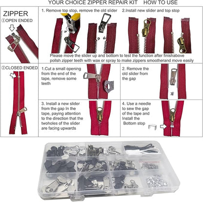 254 Pcs Zipper Repair Kit with Case Include Zipper Replacement and Pull, Universal Zippers Replacement kit for Cloting, Jackets, Coat, Boot, Backpack, Purse and Outdoor Gear
