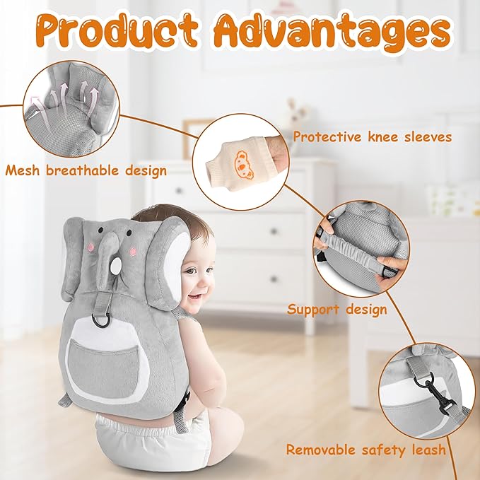 Baby Backpack Walker Protection, Toddler Head Protector Backpack Adjustable 270° Three-Sided Protection Breathable Design with Knee Pads & Safety Rope, 6-12 Month Baby(Elephant)