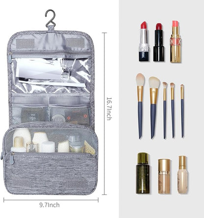 Large Capacity Toiletry Bag Travel Bag with Hanging Hook for Men and Women Waterproof Travel Cosmetic Bag Bathroom Storage Bag for Brushes Set,Full-Sized Shampoo,Toiletries,Accessories-Grey