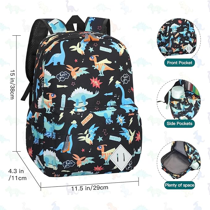 Kids Backpack for Girls Boys - 15 Inch Dinosaur Childrens Backpack Cute School Bag Kindergarten Backpack for Ages 3-8, Black