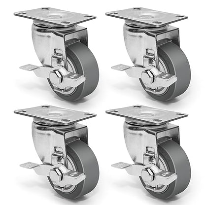 3 Inch Caster Wheels - Set of 4 Heavy Duty Rubber Castors With Brake 1200Lbs, Silent Industrial Plate Casters for Cart Furniture Workbench (4 Brake#02)