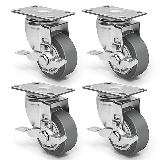 3 Inch Caster Wheels - Set of 4 Heavy Duty Rubber Castors With Brake 1200Lbs, Silent Industrial Plate Casters for Cart Furniture Workbench (4 Brake#02)