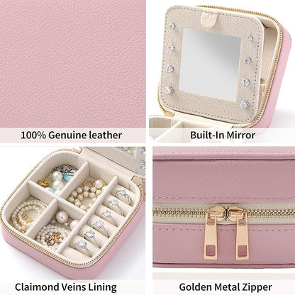 Genuine Leather Travel Jewelry Organizer Case with Mirror for Women, Small Mini Portable Jewelry Box for Ring Earrings Necklace Bracelet Luxury Gift for Women（Mint Green）