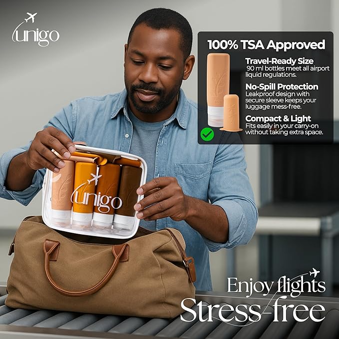 unigo Travel Bottles For Toiletries, 4 pack TSA Approved Containers, Travel Size Toiletries, Shampoo and Conditioner Bottles, Leak Proof and Refillable Bottles, BPA Free, Extra Bottle Covers (Apricot)