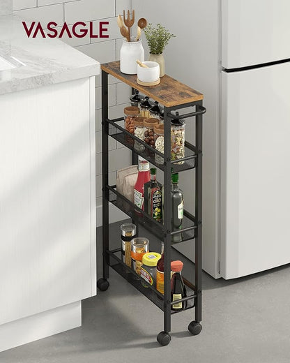 VASAGLE Slim Rolling Cart, 4-Tier Narrow Storage Cart with Handle, 5.1 Inches Deep, Metal Frame, for Kitchen, Dining Room, Living Room, Home Office, Rustic Brown and Classic Black ULRC032B01V1