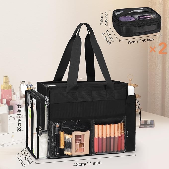 TANTO Travel Makeup Bag, Professional Makeup Artist Bag Tote Bags with 2*bag Extra Large Hair Stylist Travelling Duffle Bag Cosmetic Organizer with Dividers, Gifts for Makeup Beauty Lover (Black