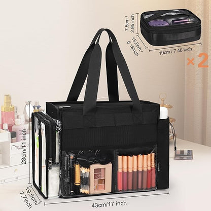 TANTO Travel Makeup Bag, Professional Makeup Artist Bag Tote Bags with 2*bag Extra Large Hair Stylist Travelling Duffle Bag Cosmetic Organizer with Dividers, Gifts for Makeup Beauty Lover (Black