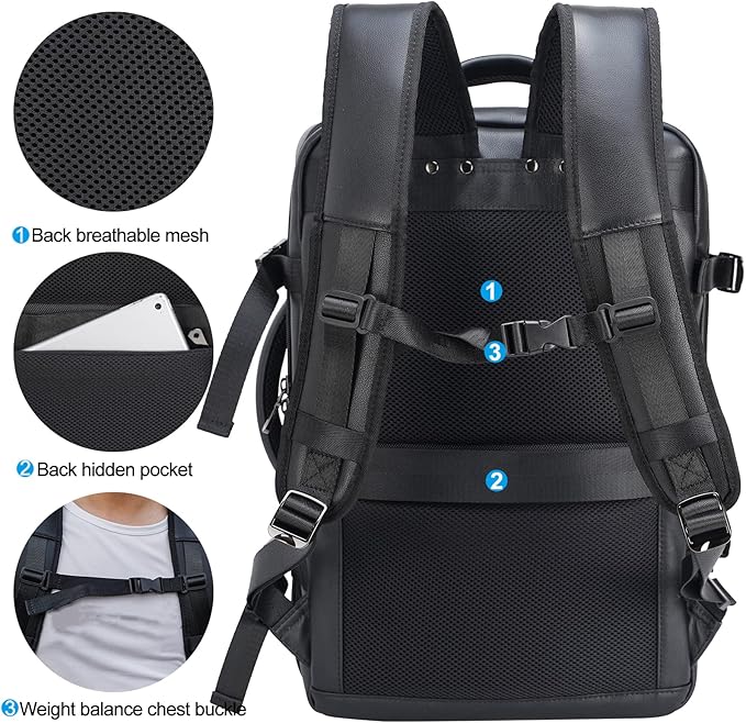 Masa Kawa Leather 15.6 Inch Laptop Backpack for Men Expandable 36L Business Travel Rucksack Daypack Weekender Bag