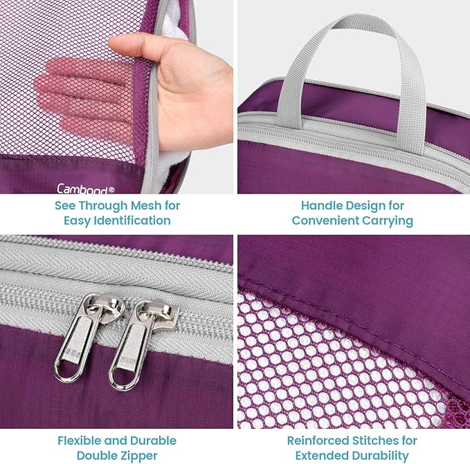 Cambond See Through Mesh Compression Packing Cubes - 4 Set Space Saving Packing Cubes for Travel Women, Lightweight Travel Bags Luggage Packing Organizer Essentials for Suitcases, Purple
