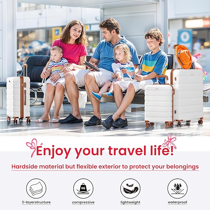 AnyZip Luggage Sets 3 Piece Hardshell Suitcase Set PC ABS Lightweight Travel Suitcases with 4 Double Spinner Wheels TSA Lock 20 24 28 Inch White Brown