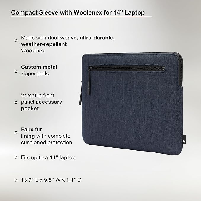 Incase Compact Laptop Sleeve with Woolenex - 14" MacBook/Laptop and iPad/Tablet Sleeve, Computer Case and Cover, Lightweight, Weather Resistant, with Slip Pocket for Accessories - Heather Navy