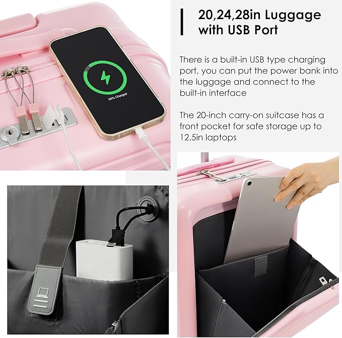 Merax 4-Piece Luggage Set with USB Charging Ports Suitcase with TSA Lock Travel Duffel Bag Wet-Dry Toiletry Bag, pink+Bag
