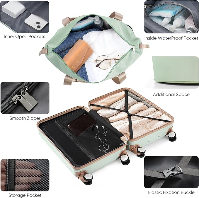 Merax 4-Piece Luggage Set with USB Charging Ports Suitcase with TSA Lock Travel Duffel Bag Wet-Dry Toiletry Bag, grey green+Bag