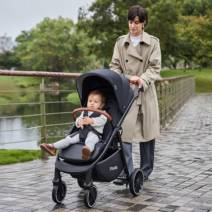 Tinyiota Stroller for Babies,Toddler Strollers with Large UPF 50+ Canopy,Luxury Baby Stroller with Leather Handle & Spacious Seat, One-Hand Foldable Pushchair,Baby Carriage with Lie-Flat Mode(Black)