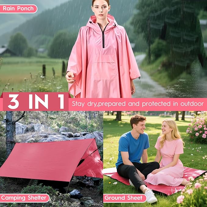 Bruvoalon 3-in-1 Rain Poncho with 1/4 Zip & Chest Pocket, Waterproof, Sunshade, Ground Mat for Adults & Youth Emergency