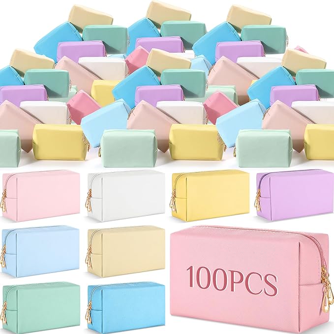 Cunno 100 Pcs Makeup Bags Bulk PU Leather Cosmetic Pouch Christmas Small Pouch Bag DIY Toiletry Bags Preppy Aesthetic Travel Storage Organizer for Women Travel Christmas Party Gift(Pastel)