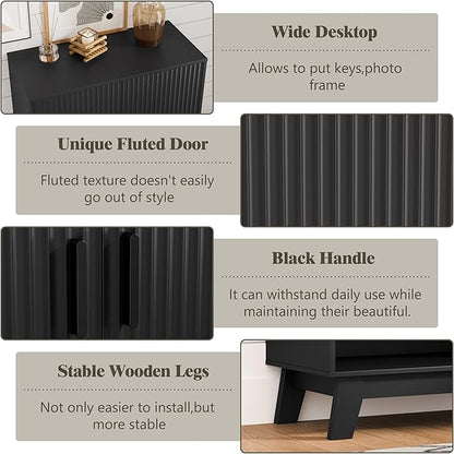 Shoe Cabinet Storage for Entryway with Doors, 5 Tier Fluted Shoe Organizer with Adjustable Shelves, Entryway Shoe Storage with Wooden Legs, Freestanding Hidden Shoe Rack for Front Door Entrance, Black