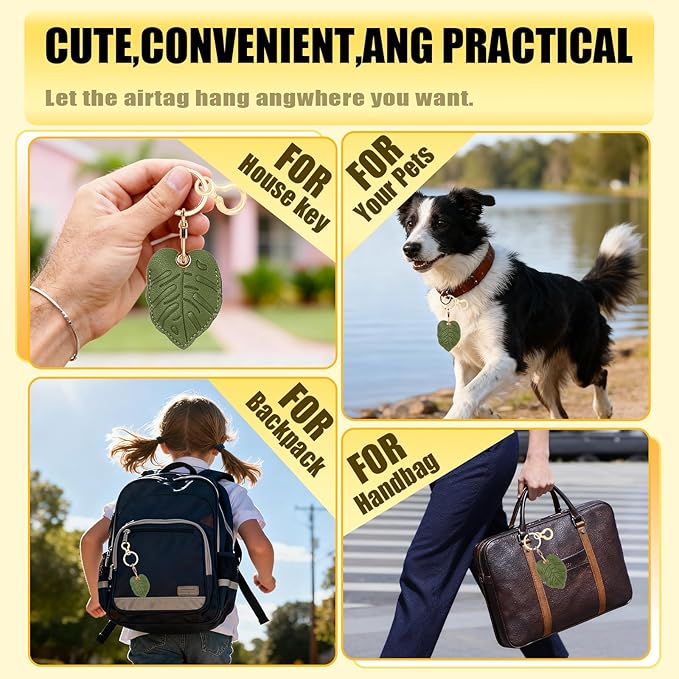 Leather Keychain for Airtag, Cute Protective Keychain Holder Compatible with Apple Air Tag,GPS Item Tracker Case Cover for Keys,Bags,Pets,Luggage(Leaf)