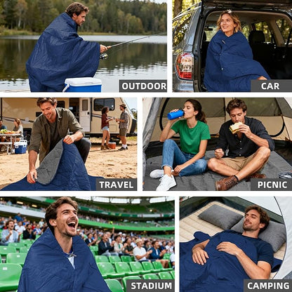 Outdoor Waterproof Blanket, Foldable Fleece Stadium Blanket for Outdoor Sports Event, Camping, Car, Pet, Picnics - Windproof, Wearable, Machine Washable 80" x 58" (Dark Blue)