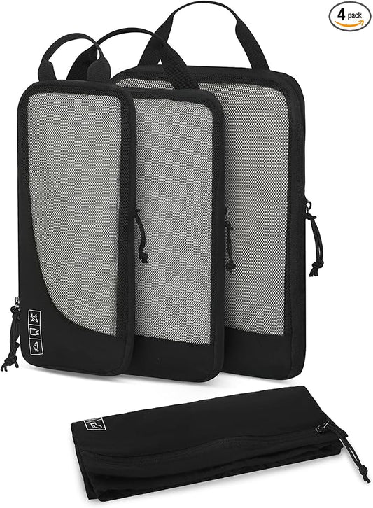 Hynes Eagle 6 Set/ 4 Set/ 2 Set Compression Packing Cubes Travel Essentials Lightweight Nylon Luggage Suitcase Organizer Bag Black 4PCS