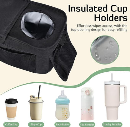 INFANZIA Universal Stroller Organizer with Insulated Cup Holders, Adjustable Stroller Caddy with Phone Bag & Shoulder Strap, Baby Stroller Accessories Fits for Uppababy, Doona, Jogger, Britax (Black)