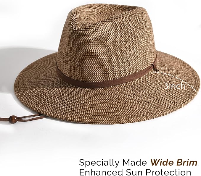 FURTALK Womens Summer Straw Sun Hats Wide Brim Panama Fedora Beach Hat with Wind Lanyard UPF 80+