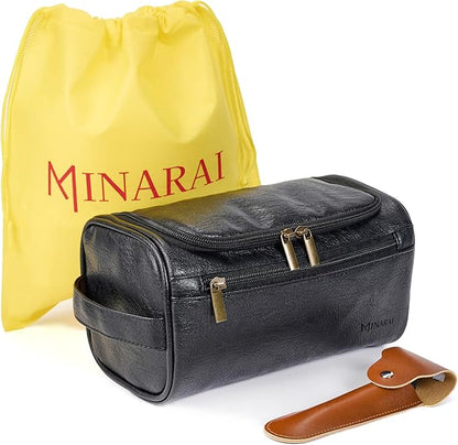 MINARAI-Mens Toiletry Bag with Razor Case– Premium Leather-Look Hygiene Bag for men with Wide-Open Access, Hanging Design, and Strong Structure– Built for Travel, Gym, and Everyday Organization– BLACK