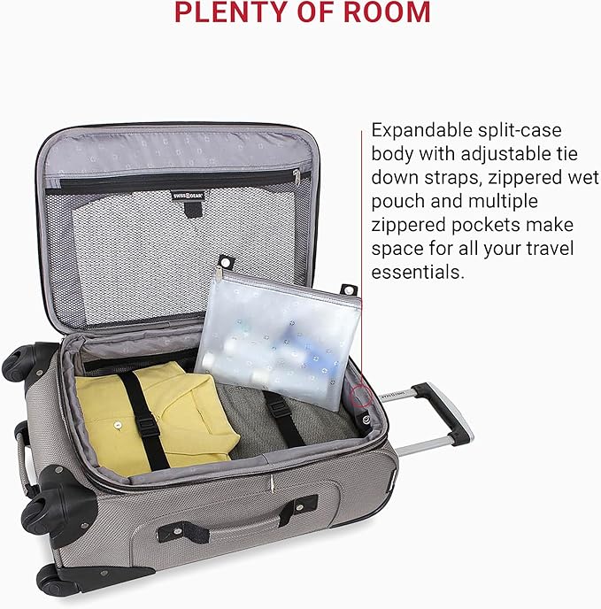 SwissGear Sion Softside Expandable Luggage – Carry-On Suitcase with 360 Degree Wheels & Retractable Handle – 21 Inch, Perfect for 1-3 Night Trips – Pewter